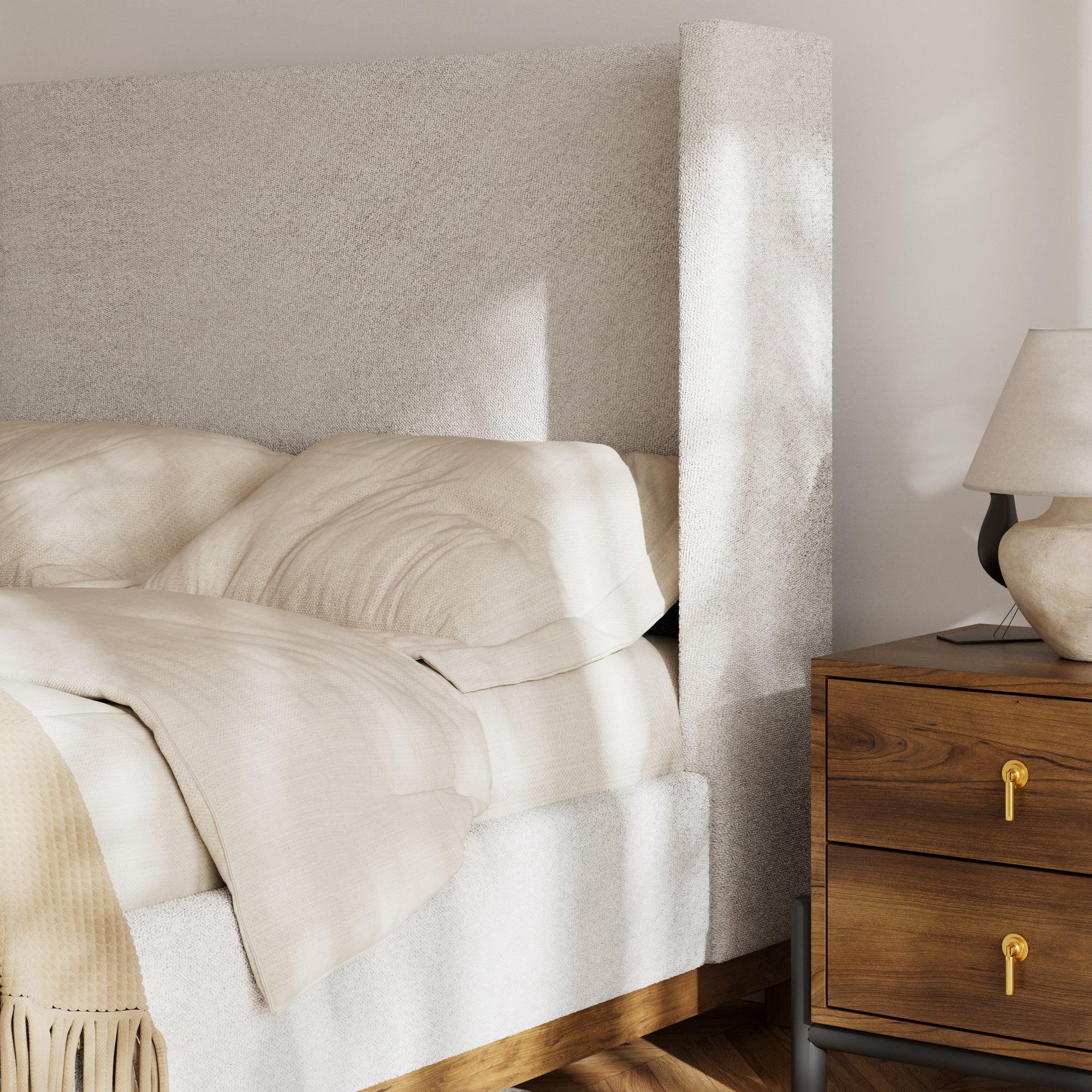 Jolie Oat Upholstered Wing Bed