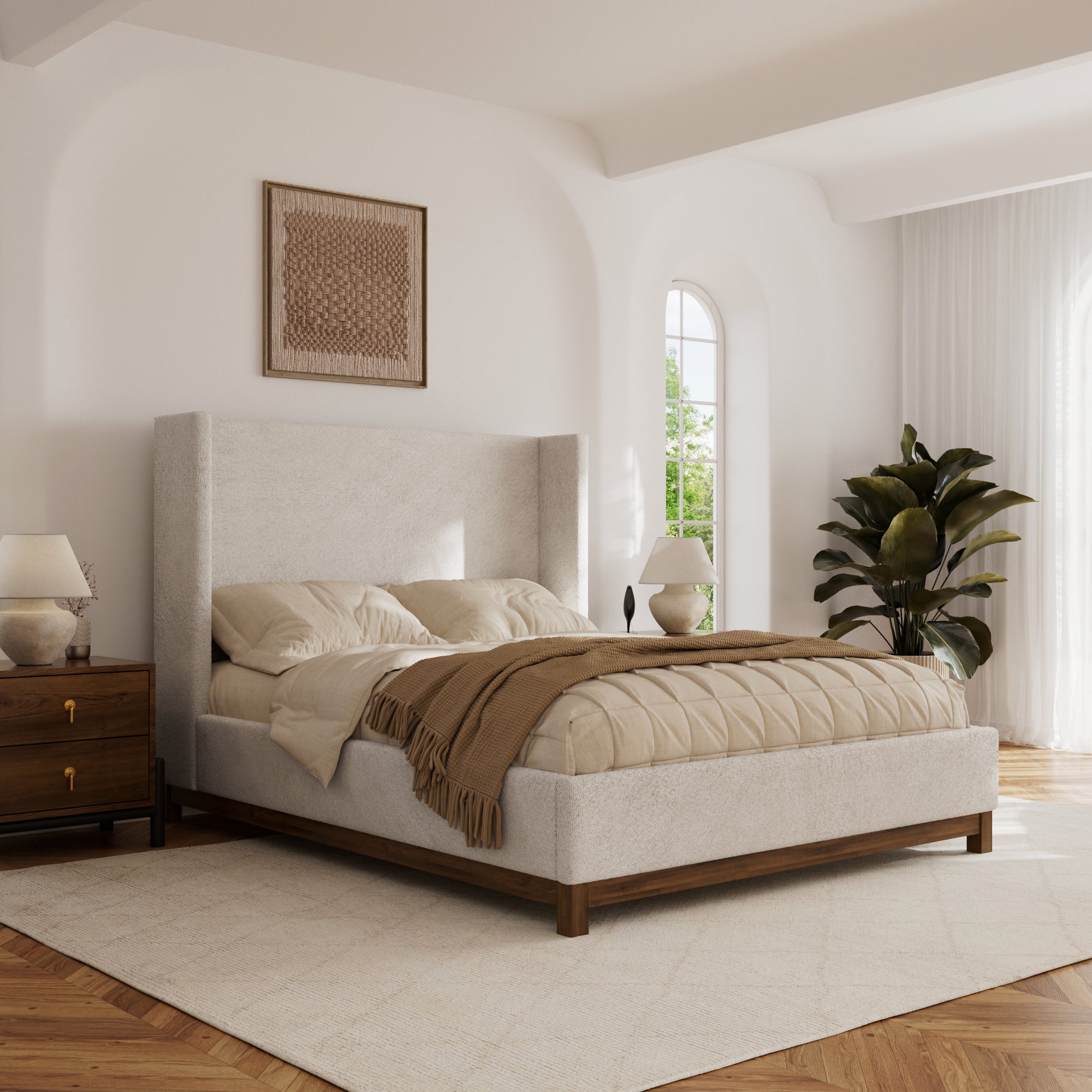 Jolie Oat Upholstered Wing Bed