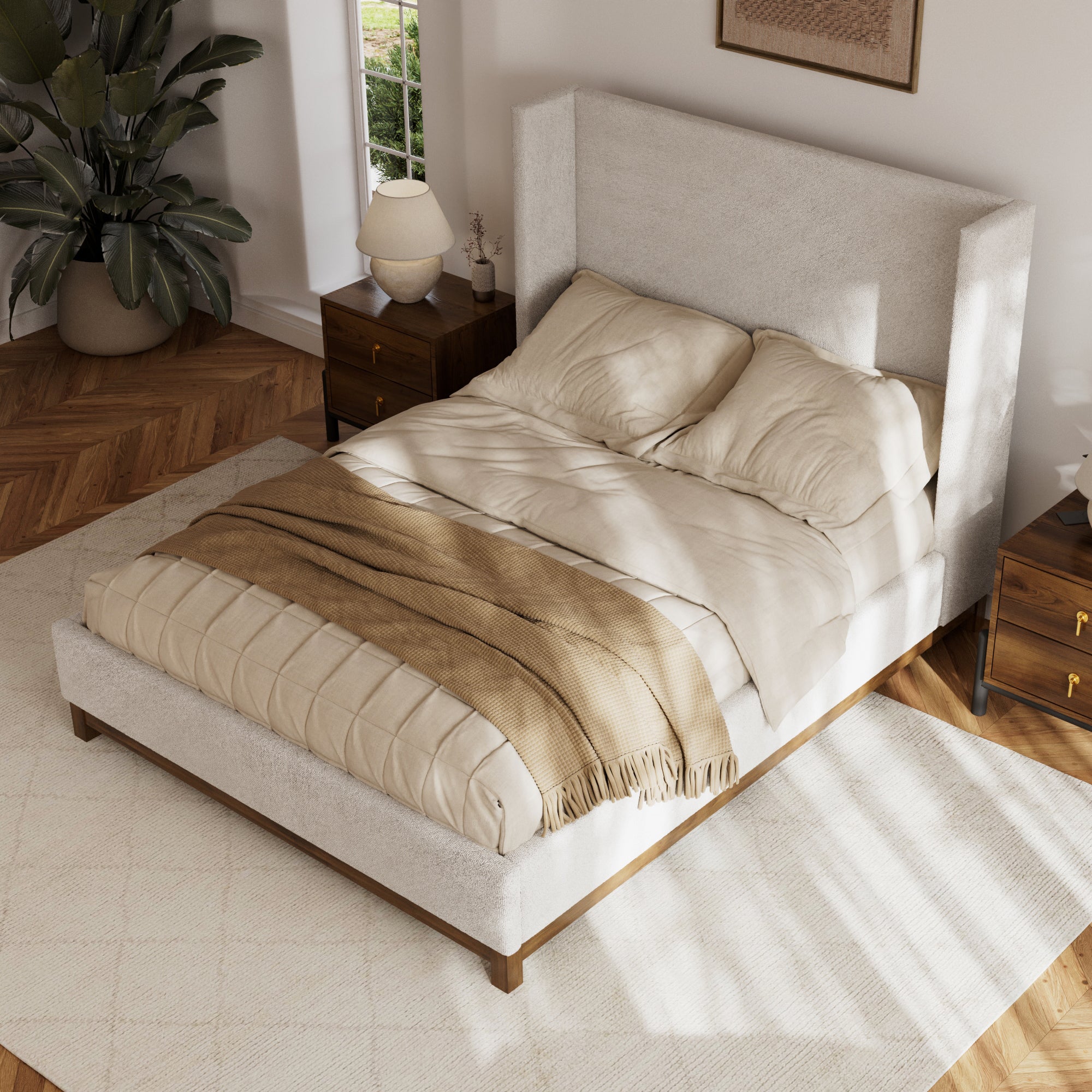 Jolie Oat Upholstered Wing Bed